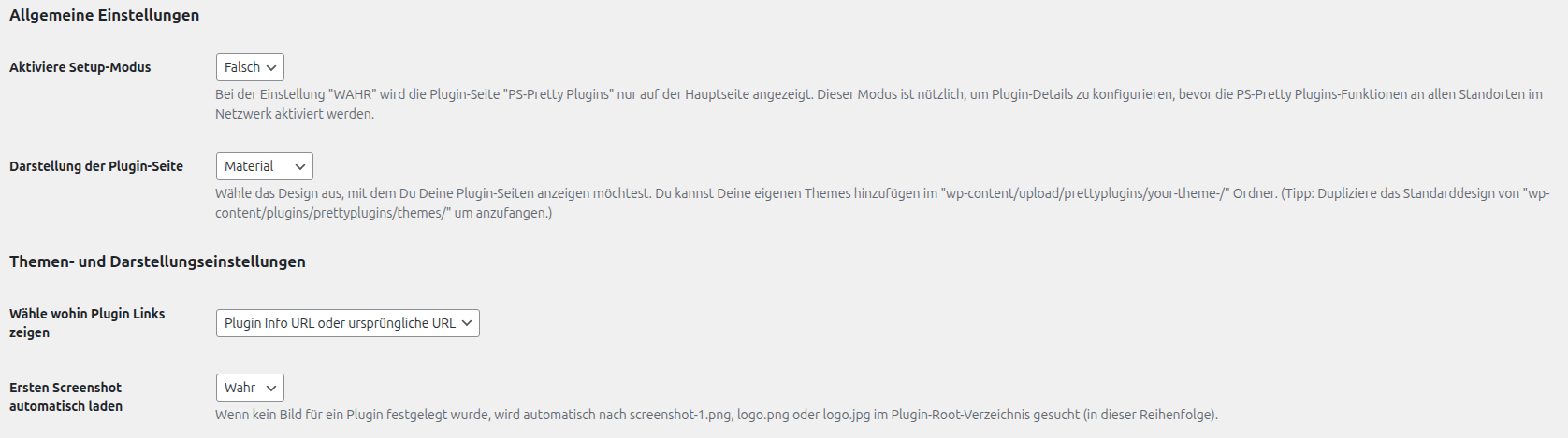 Screenshot der Einstellungsseite