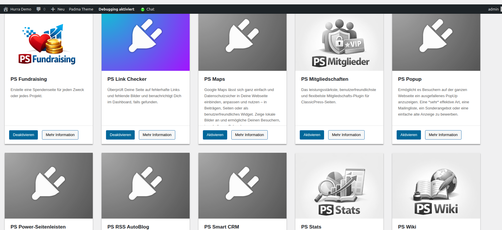 Screenshot der Plugins-Seite mit dem Rasterlayout