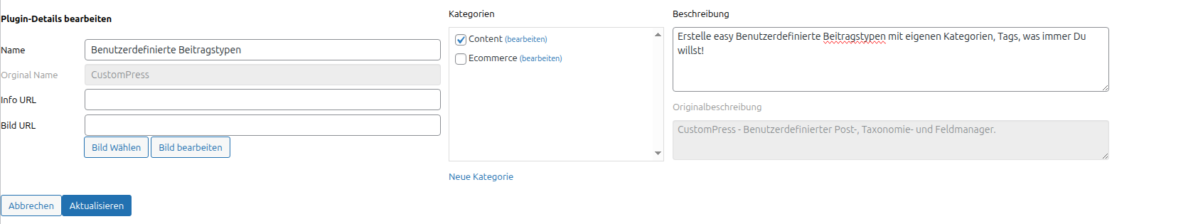 Screenshot der Plugin-Details-Bearbeitungsfunktion